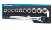 14139 Набор торцевых головок GROSS, трещотка 120 зубьев, 12 пр, 3/8", CrV