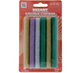 09-1235 Стержни клеевые d=11,3 мм, L=100 мм, цветные с блестками (упак.12 шт.) (блистер) REXANT купить в Минске.