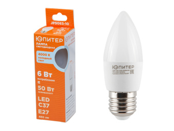 JP5083-10 Лампа светодиодная C37 СВЕЧА 6 Вт E27 (50 Вт) нейтральный белый свет купить в Минске, низкие цены.
